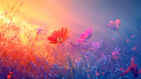 Radiant Bloom Symphony: Flowers Bathed in Golden Twilight.