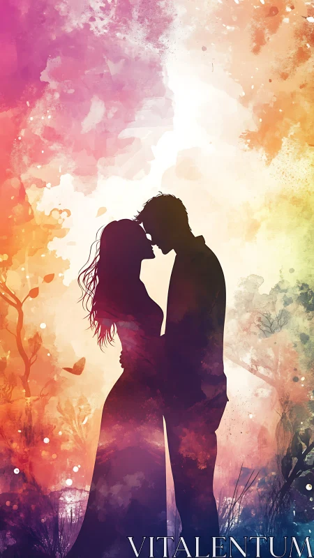 Two silhouettes sharing a tender kiss beneath vibrant watercolor skies