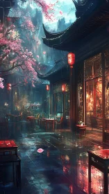 Lantern-lit tea courtyard glowing after a gentle spring rain.