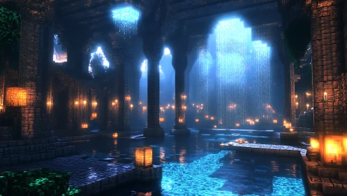 Voxel underground hall with waterfalls and lantern lighting.