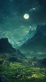 Moonlit alpine valley under star-dense emerald night sky.