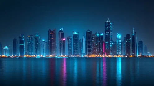 Neon lit skyscrapers form dense waterfront city skyline at night