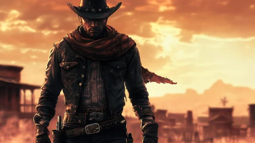 Digital painting of lone gunslinger in sunlit frontier street.