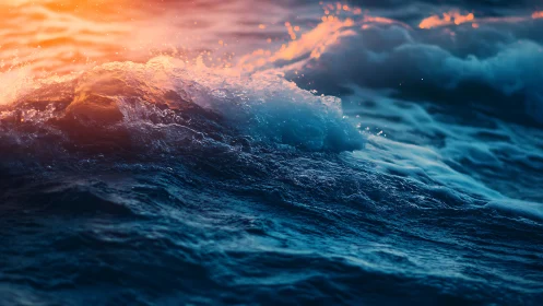 Sunset fire skims across sapphire waves in restless motion