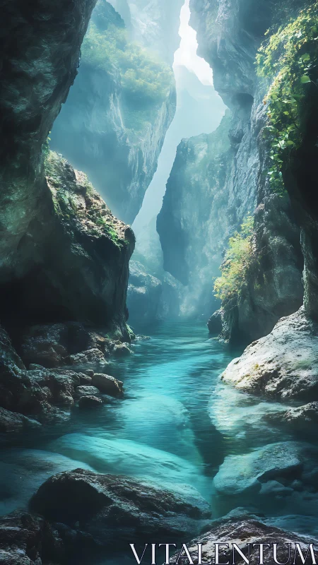 Vertical canyon river with volumetric light and layered depth cues