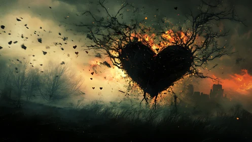 Burning Heart Erupts Against Desolate Wasteland