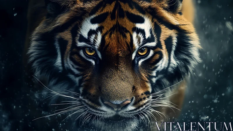 Close-up portrait of tiger with intense golden eyes.