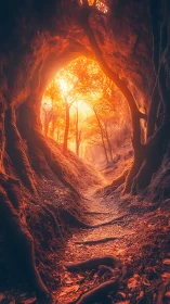Forest tunnel path curves toward bright backlit opening