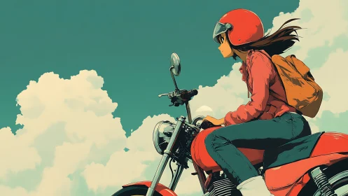 Wind-swept rider on red motorcycle under stylized cumulus sky