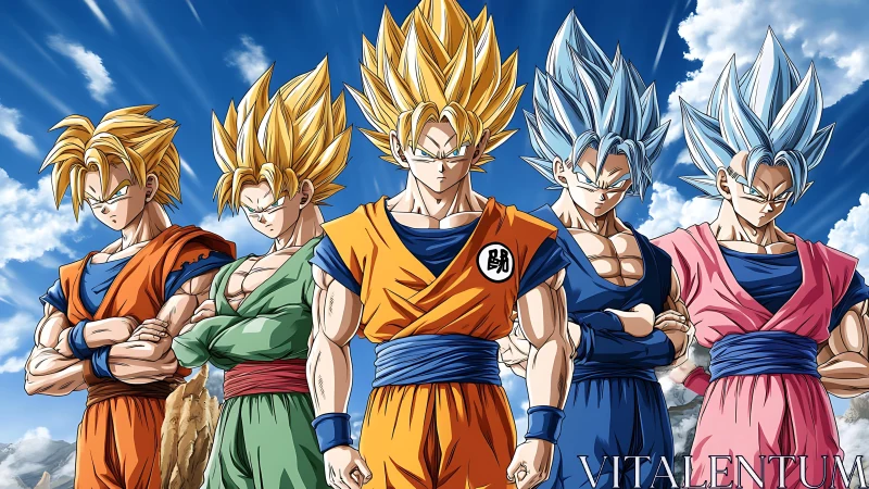 Five spiky-haired anime warriors in layered energy forms