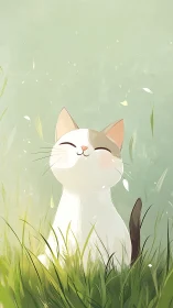 Happy cat sitting in grass with closed eyes and content expression.