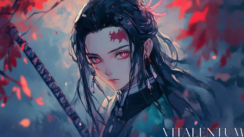 Swordsman with red eyes stands amid blurred red foliage.