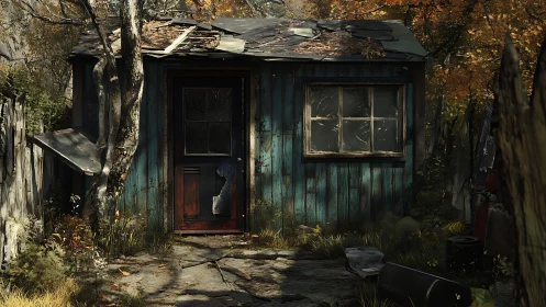 Weathered blue shed with damaged roof in overgrown yard.