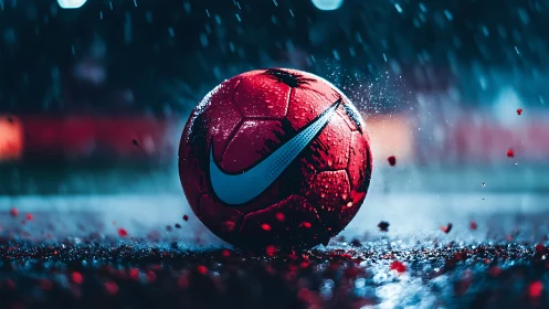 Rain‑soaked red football under stadium floodlights at night.