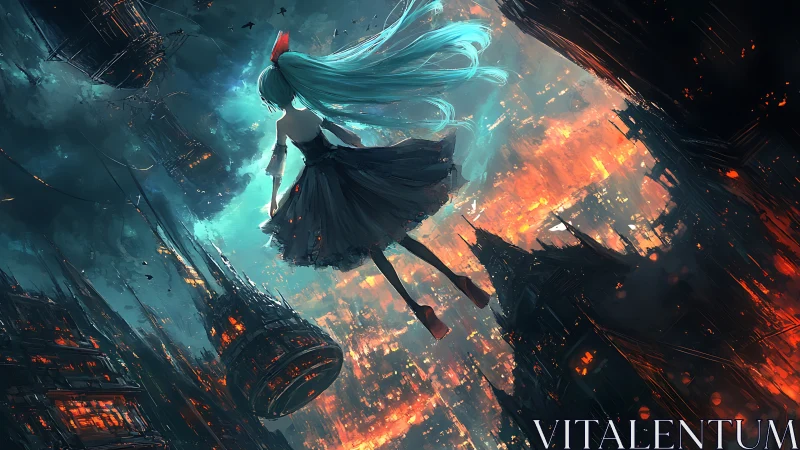 Girl with teal hair floating over burning dark city.