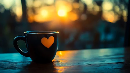 Ceramic heart mug isolated against warm sunrise bokeh field
