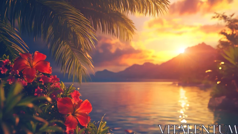 Tropical hibiscus sunset cradled by glowing island waters.