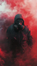 Hooded wanderer stalks through crimson chemical storm