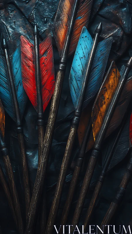 Colorful rustic arrows resting against a weathered backdrop.