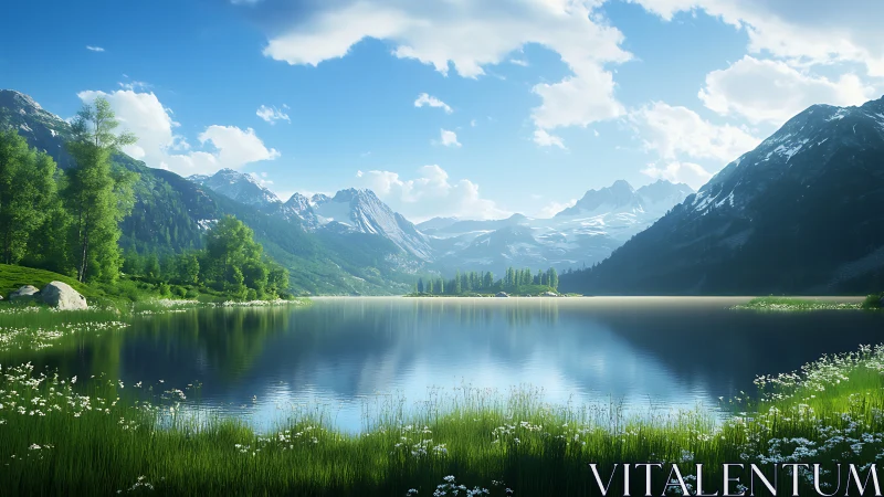 Sky-mirrored alpine lake cradled by whispering green peaks.