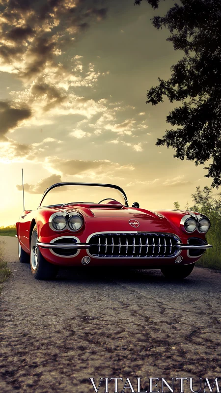 Crimson classic roadster basking in honeyed sunset glow.