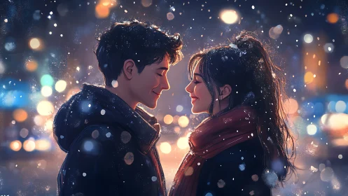 Two figures embrace in luminous snowfall with warm bokeh lighting