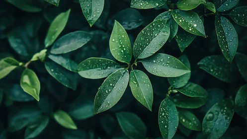 Glossy green foliage with raindrops in soft moody light.