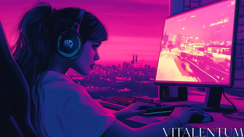 Neon city gamer lost in sunset-lit digital horizons.
