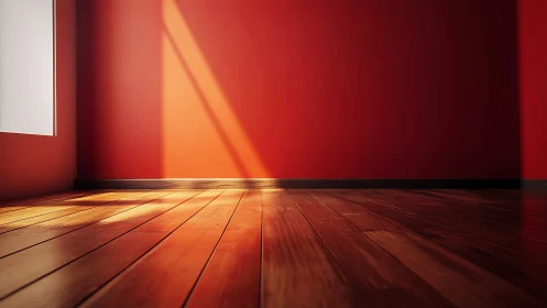 Sunlit red interior with specular wood floor reflections.