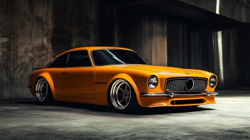 Low-slung orange coupe in dim industrial concrete setting.