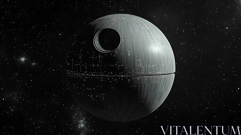 Spherical gray battle station drifts alone in deep space