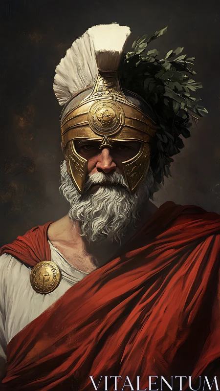 Stoic warrior elder in golden helm and crimson cloak.