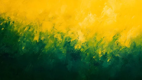 Abstract yellow and green textured painting in impasto style.