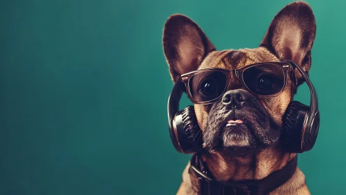 French bulldog portrait with sunglasses and over-ear headphones