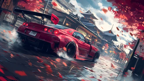 Red modified sports car on wet street near Japanese temple.