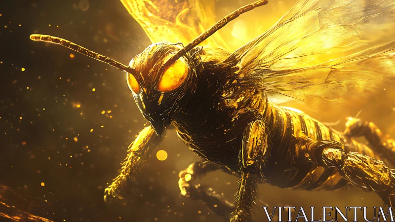 Golden insect close-up with translucent wings in motion.