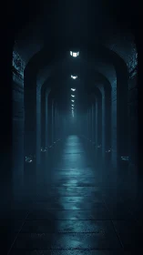 Moody blue corridor of endless doors and soft mystery glow.