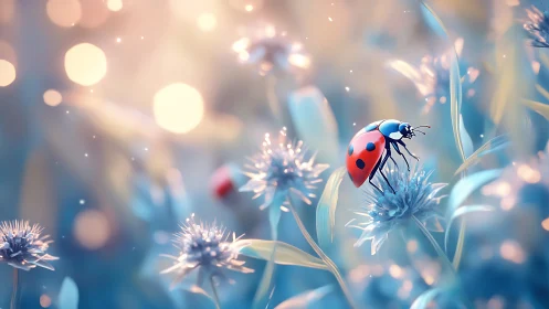 Digital painting of ladybug on pastel meadow bloom at dusk.