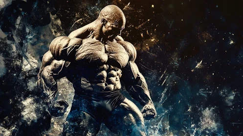 Muscular male figure stands flexing amid abstract energy field