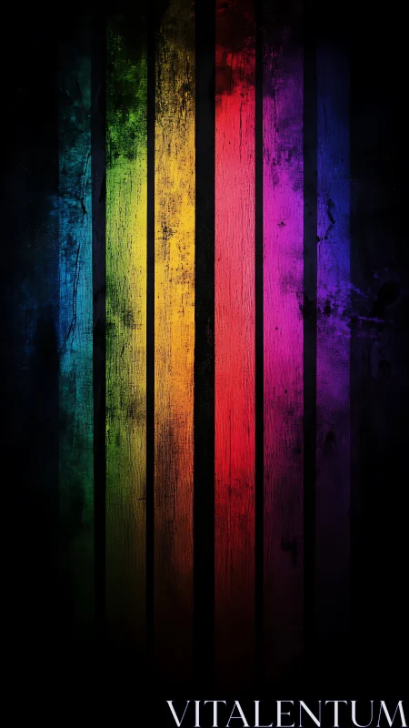 Vertical spectrum bars glow against distressed black wood.