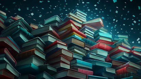 Stacks of colorful books rising into a scattered paper sky.