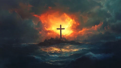 Cross structure stands on rocky islet amid turbulent seascape