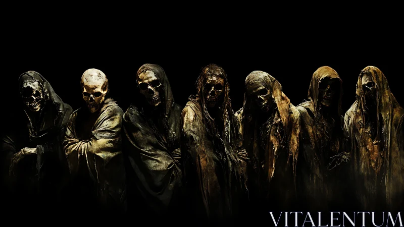 Hooded skeletal wraiths aligned in eerie cinematic tableau.