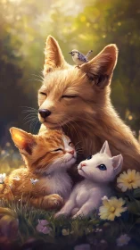 Golden Guardian: Three Souls in Sunlit Serenity.