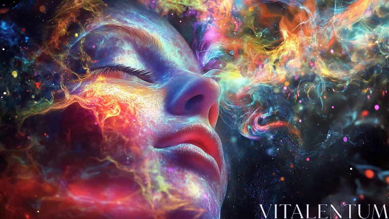 Cosmic dreamscape engulfs serene face in radiant nebulae.
