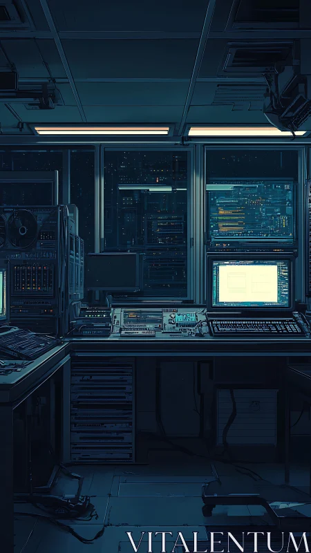 Nocturnal network operations room with legacy consoles and racks