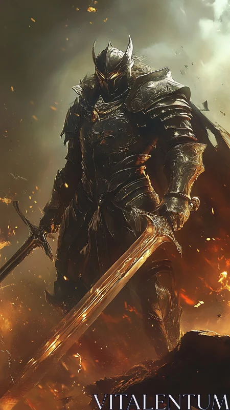 Dark armored knight with blazing greatsword in firestorm.