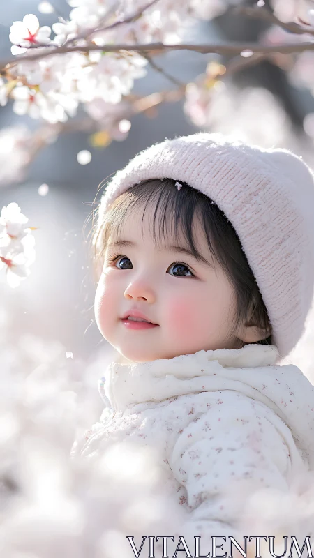 Porcelain Wonder Gazes Through Winter's Blossom-Draped Stillness