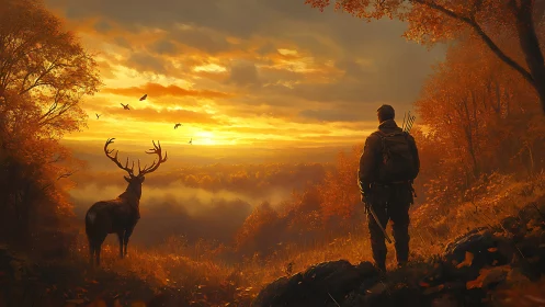 Hunter and stag observe golden autumn sunrise over valley