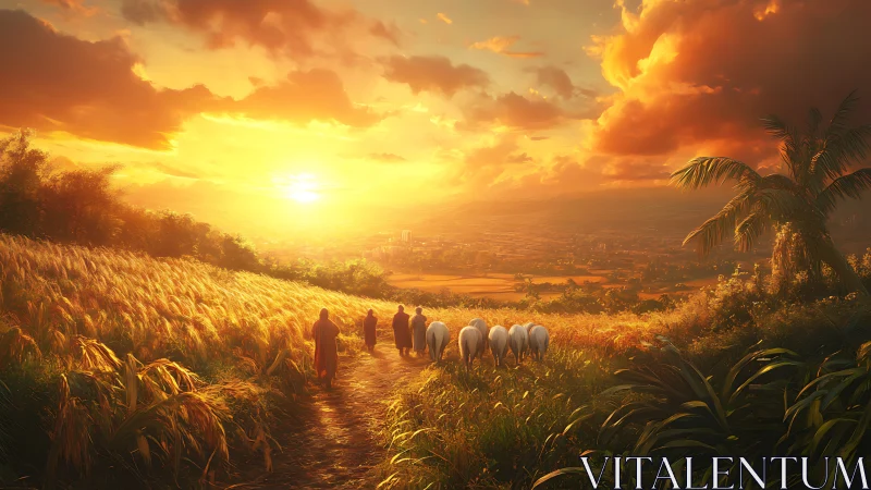 Shepherds drift through ember fields beneath a burning sky.